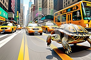 High-Speed Turtle Sprinting Down a Bustling City Avenue - Blurring Past Pedestrians and Zooming Between Urban Hustle