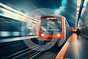 High-speed underground train moving through station