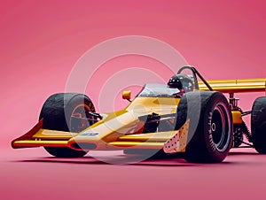 High Speed Vintage Racing Car on Vibrant Pink Background, Classic Yellow Retro Automobile, Stylish Motorsport Design in Studio