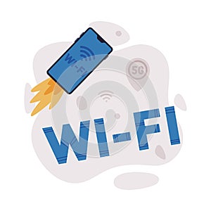 High speed wireless internet technology with smartphone launching. Global network with high speed connection cartoon