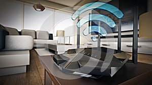 High speed wireless router, modem or range extender inside a modern room. 3D illustration