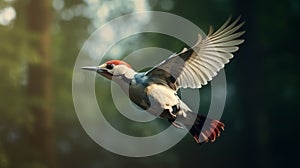 High-speed Woodpecker Flying In Forest - Vray Tracing Photography