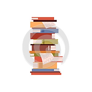 High stack of books, vector school exam textbooks and literature, dictionaries and encyclopedias, library or bookstore