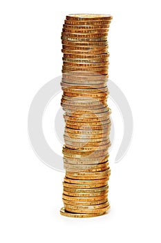 High stack of coins isolated o