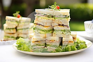 a high stack of cut clubhouse sandwiches for high-tea