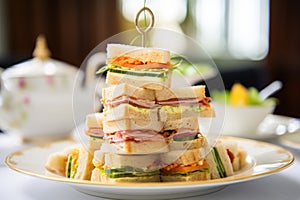 a high stack of cut clubhouse sandwiches for high-tea