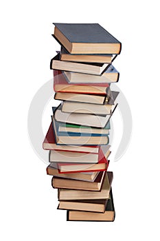 High stack of different books
