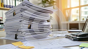 High Stack of Papers on Office Desk