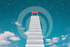 High of stair and finishing line on top sky background with raining competition concept. Road to successful or victory goal on