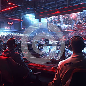 A high-stakes esports mobile game tournament with intense competition and a cheering audience. photo