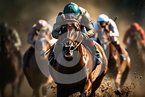 High stakes horse race, riders and steeds striving for pole position