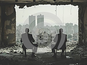 high-stakes peace negotiation in a war-torn city, UN mediators involved photo