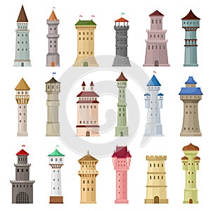 High Stone Towers with Castellation Walls and Windows Big Vector Set