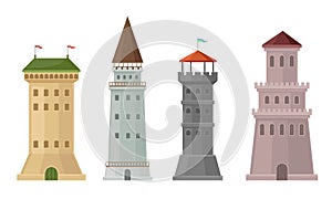 High Stone Towers with Castellation Walls and Windows Vector Set