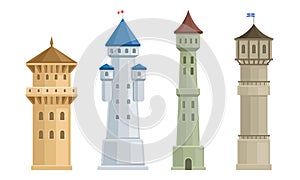 High Stone Towers with Castellation Walls and Windows Vector Set