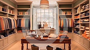 High street retail, small business and commercial interior, fashion store in the English countryside style, elegant country