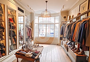 High street retail, small business and commercial interior, fashion store in the English countryside style, elegant country