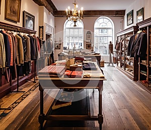 High street retail, small business and commercial interior, fashion store in the English countryside style, elegant country