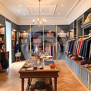 High street retail, small business and commercial interior, fashion store in the English countryside style, elegant country