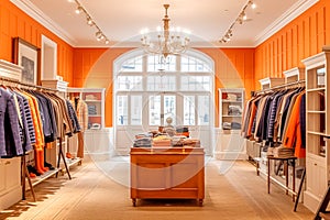 High street retail, small business and commercial interior, fashion store in the English countryside style, elegant country