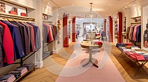 High street retail, small business and commercial interior, fashion store in the English countryside style, elegant country