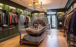 High street retail, small business and commercial interior, fashion store in the English countryside style, elegant country