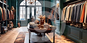 High street retail, small business and commercial interior, fashion store in the English countryside style, elegant country