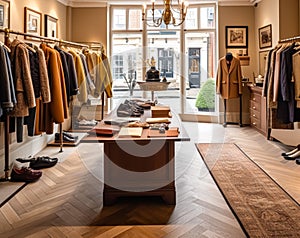 High street retail, small business and commercial interior, fashion store in the English countryside style, elegant country