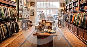 High street retail, small business and commercial interior, fashion store in the English countryside style, elegant country