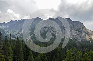 High Tatras in cloudy foggy day. Path between Popradske Pleso and Strbske Pleso, Slovakia