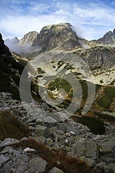 High Tatras, Velka Studena valley, Slovakia: view of Javorovy peak in fog.