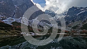 High Tatras and Zelene Pleso Green water lake with Belianske Tatry background, Chata pri Zelenom Plese Slovakia. Autumn with snow