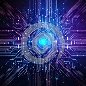Futuristic digital background with glowing neural network connections and data transfer nodes