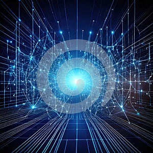 Futuristic digital background with glowing neural network connections and data transfer nodes