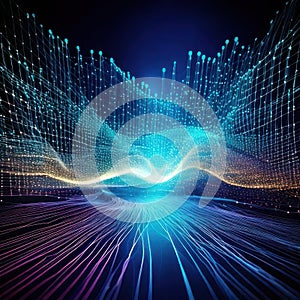 Futuristic digital background with glowing neural network connections and data transfer nodes