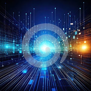 Futuristic digital background with glowing neural network connections and data transfer nodes
