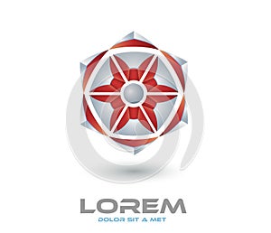 High tech abstract icon - 3d vector red flower logo