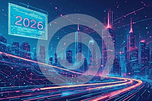 Interconnected Data Flows Over Modern City Skyline with 2026 Interface Highlight â AI Generated