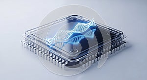 DNA Structure Glowing on Microchip: Biotechnology and Genetic Data Processing Concept