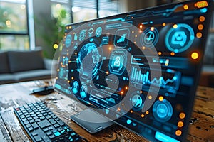 High-Tech Analytics Dashboard in Modern Office Setting - Data Visualization for Business Strategy and Analysis