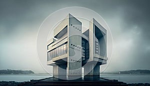 High-tech architecture futuristic office building near the sea, Generative AI