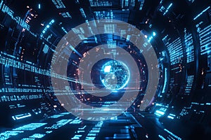A high-tech artificial intelligence core 3D background room with swirling streams of binary code,