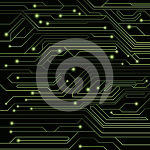 High-tech background of green color from a computer board with LEDs and luminous neon connectors. Computer circuit. A large electr