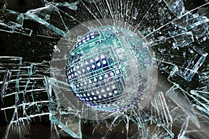 High Tech Ball Going Through Glass.