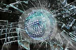 High Tech Ball Going Through Glass. photo