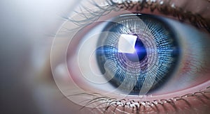High-Tech Biometric Eye Scan with Digital Binary Code for AI, Data Security, and Futuristic Identification Concepts.