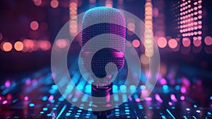 A high-tech broadcasting microphone with dynamic waveforms, and neon blue and purple lights