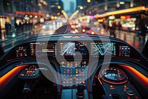 Futuristic Car Interior Dashboard with Night City Lights