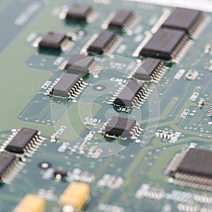 High Tech Circuit Board close up, macro. concept of information technology