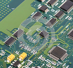 High Tech Circuit Board close up, macro. concept of information technology